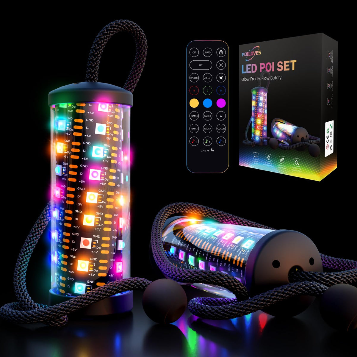 POILOVES LED Poi Stick with 241 light modes for versatile flow art performances.