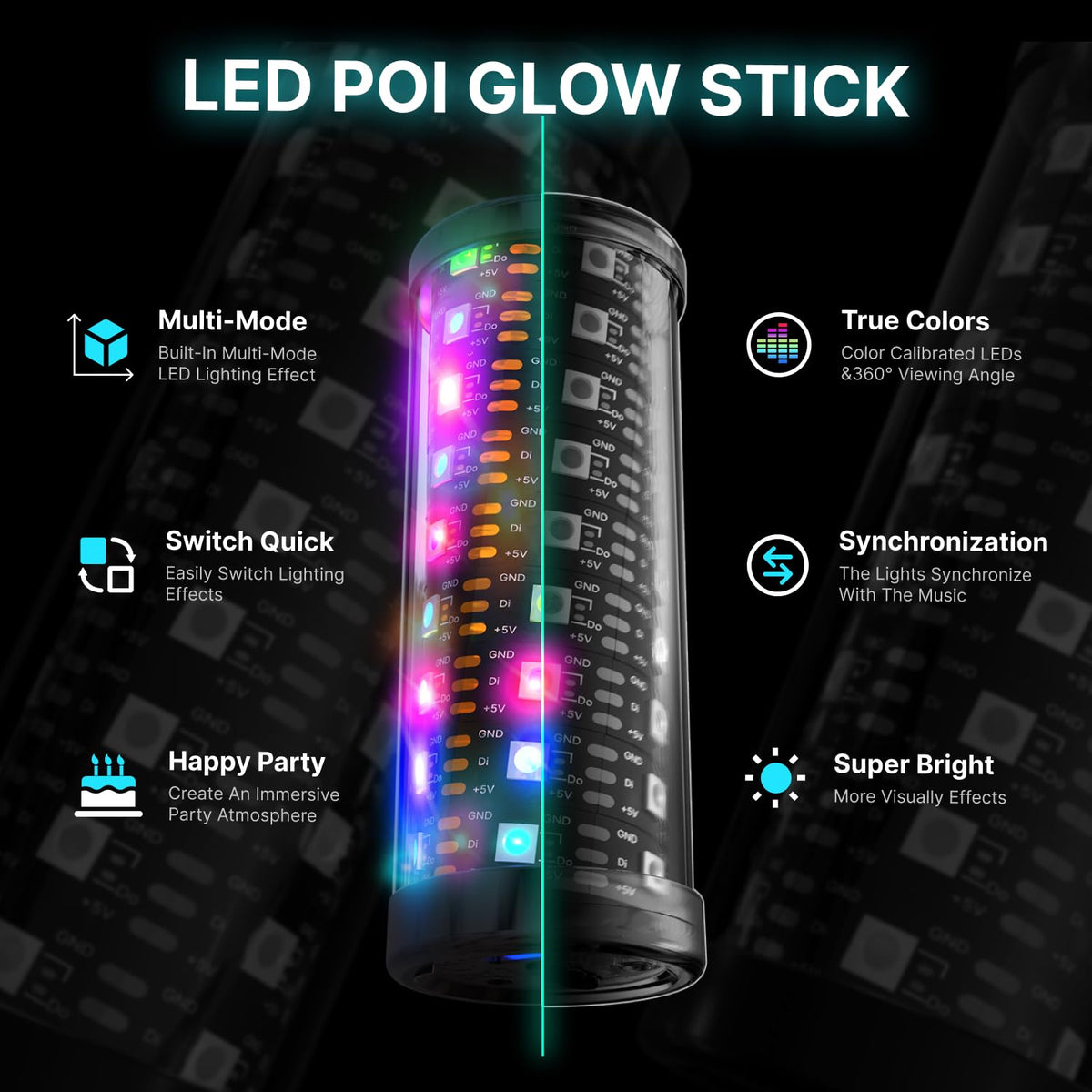 POILOVES LED Poi Stick beat-activated mode syncs visuals to music.