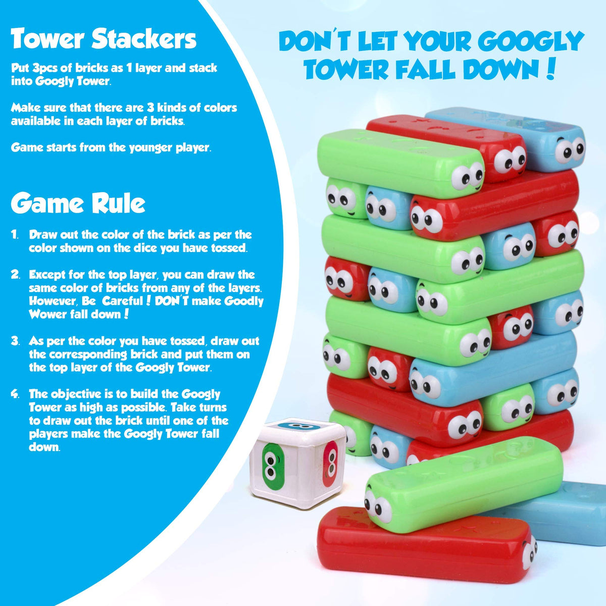 Point Games Googly Tower bricks arrangement highlights balance and placement skills.
