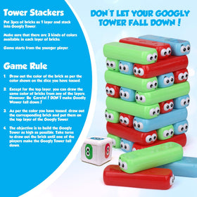 Point Games Googly Tower bricks arrangement highlights balance and placement skills.