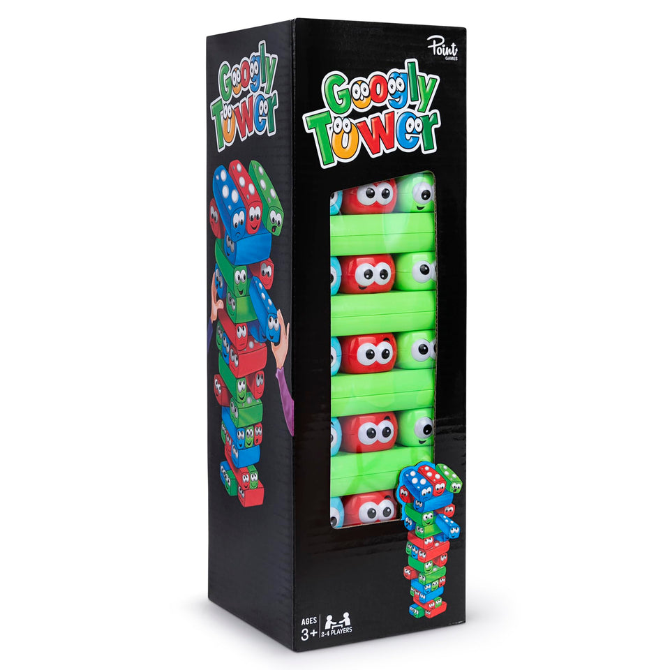 Point Games Googly Tower pile highlights colorful blocks for family-friendly play and focus.