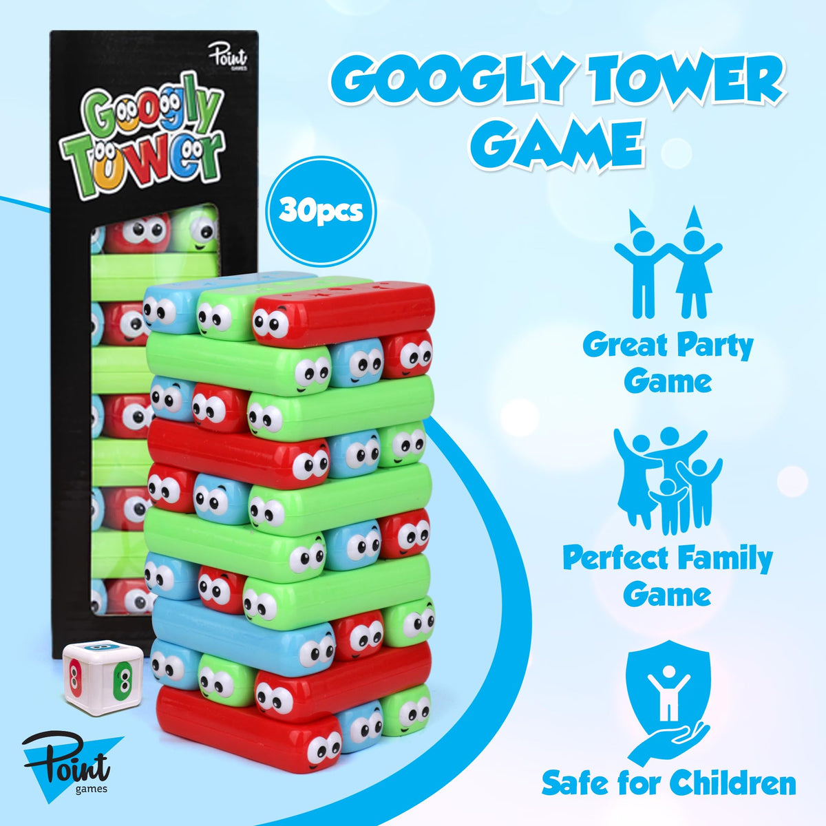 Point Games Googly Tower stack action sharpens concentration during solo or group play.