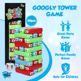 Point Games Googly Tower stack action sharpens concentration during solo or group play.