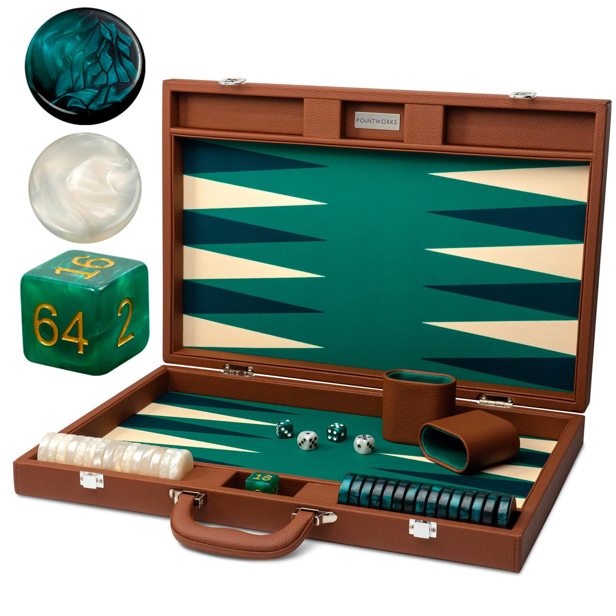 Pointworks 19-inch backgammon board in brown-green leather offering premium play