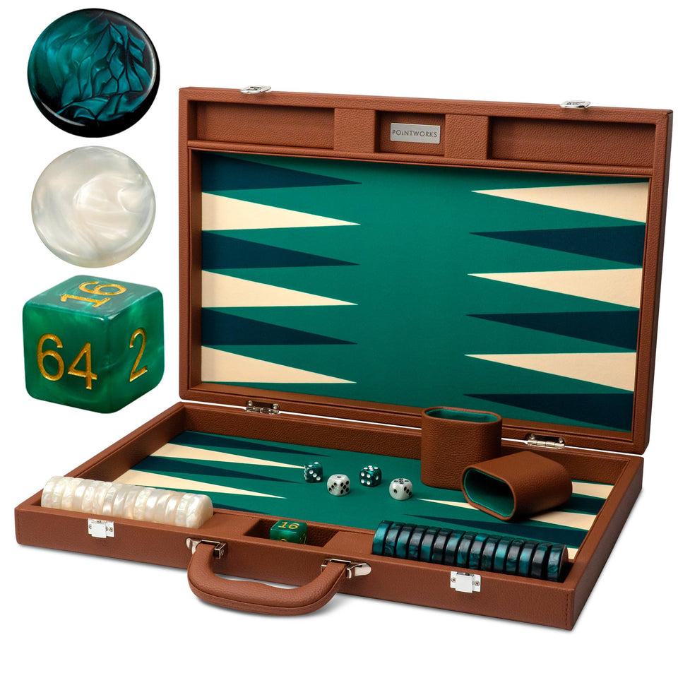 Pointworks 19-inch backgammon board in brown-green leather offering premium play