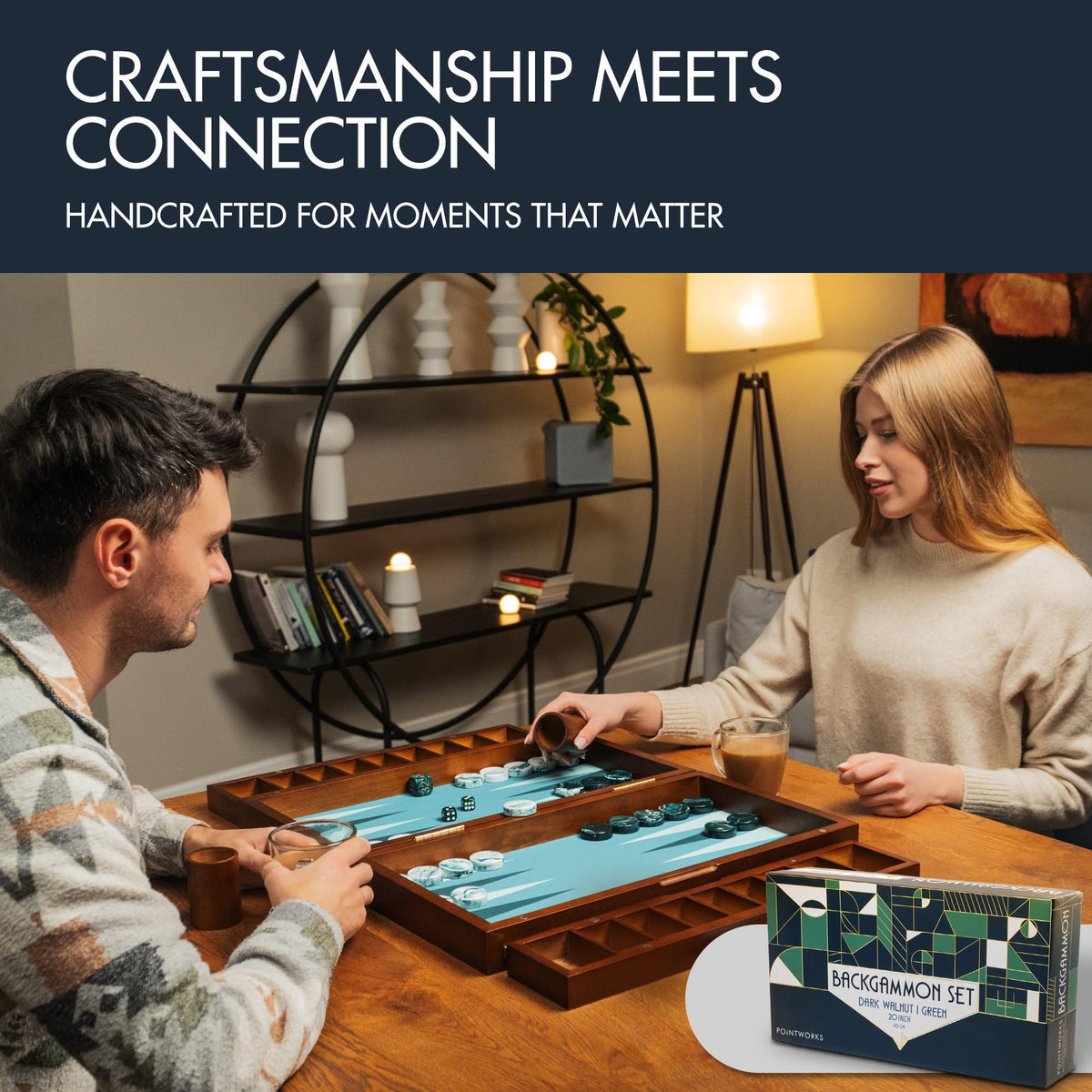 Pointworks emerald doubling cube complements the green board for classic backgammon play.