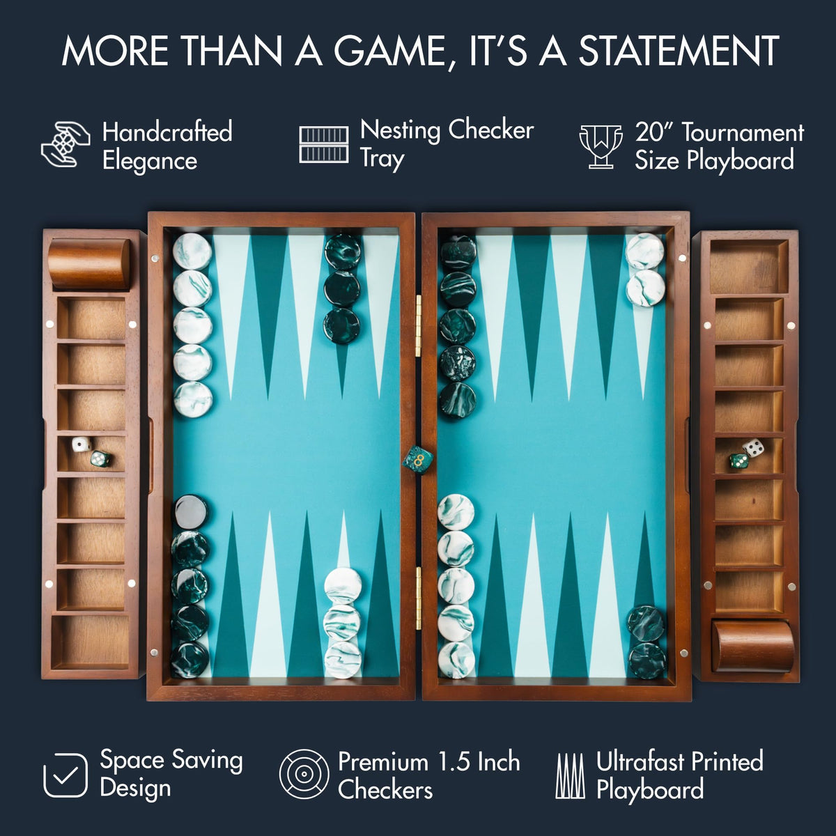 Pointworks removable tray keeps checkers and dice neatly organized between games.