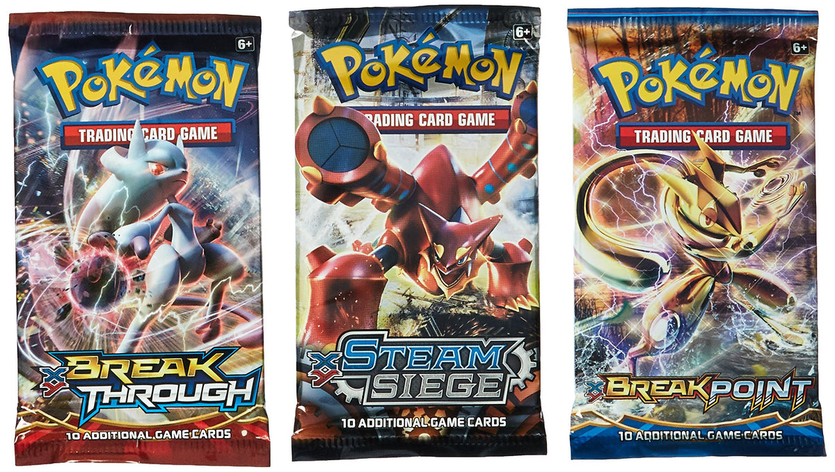 Pokémon Cards booster packs back view showing randomized contents and expansion variety