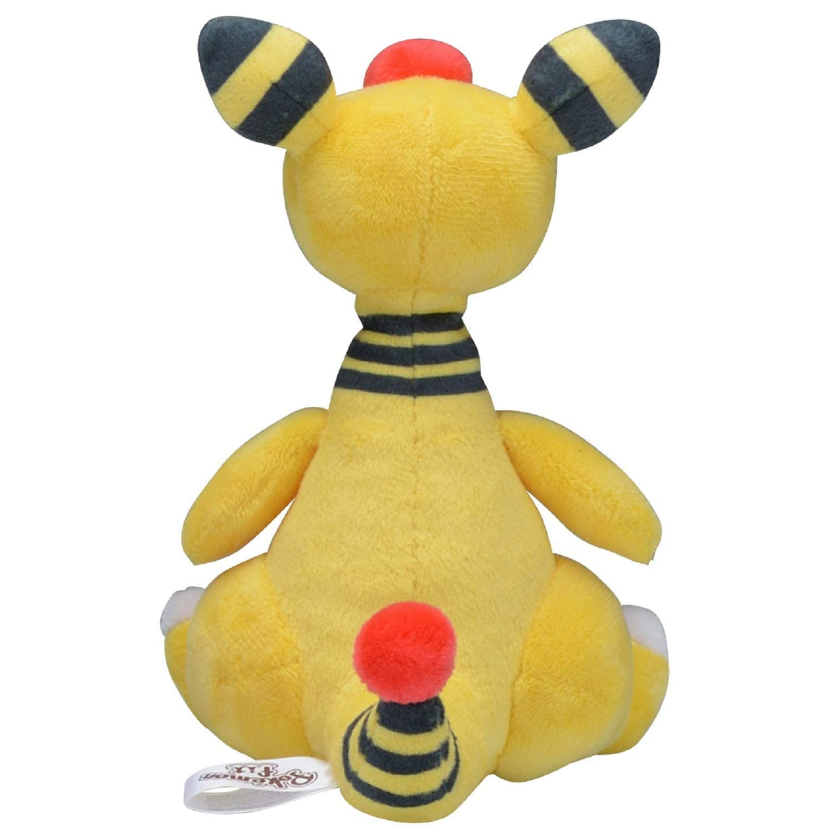 Pokemon Center Ampharos plush doll close-up showing embroidered details and texture.