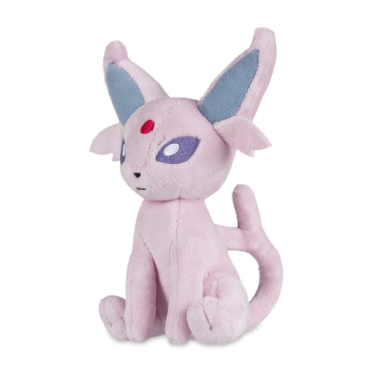 Pokémon Center Espeon Sitting Cuties plush sits upright on a desk for decorative use.