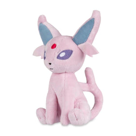 Pokémon Center Espeon Sitting Cuties plush sits upright on a desk for decorative use.