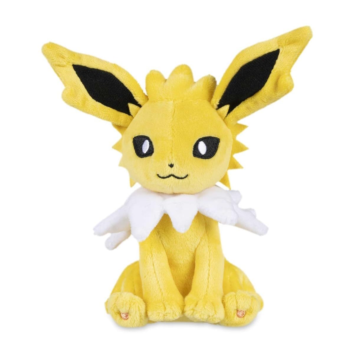 Pokémon Center Jolteon Sitting Cuties Plush decorates a shelf with compact upright charm.