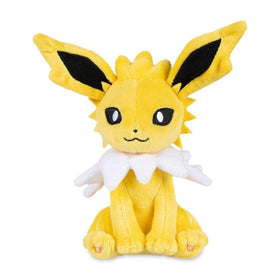Pokémon Center Jolteon Sitting Cuties Plush decorates a shelf with compact upright charm.