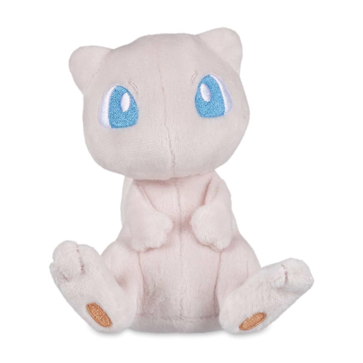 Pokémon Center Mew Sitting Cuties Plush sits up for desk display on a shelf