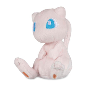 Pokémon Center Mew Sitting Cuties Plush with weighted microbeads sits upright on a desk