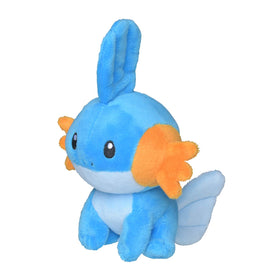 Mudkip plush sits upright for desk display and collection