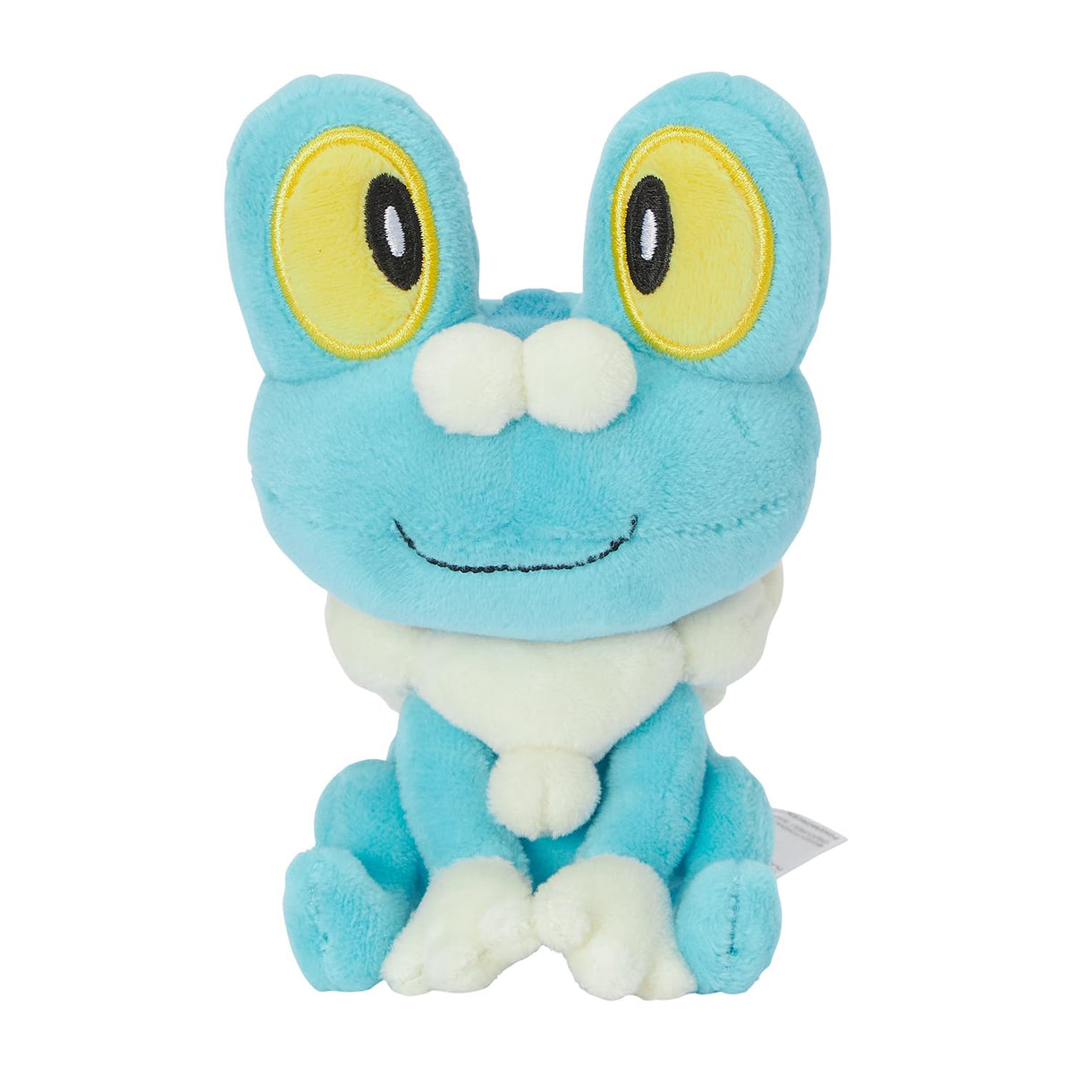 Pokémon Center Froakie Sitting Cuties plush sits upright on desks thanks to weighted base.