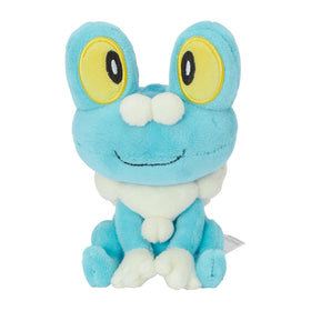 Pokémon Center Froakie Sitting Cuties plush sits upright on desks thanks to weighted base.