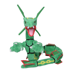 Pokémon Center Rayquaza plush close-up texture shows soft fabric and stitching.
