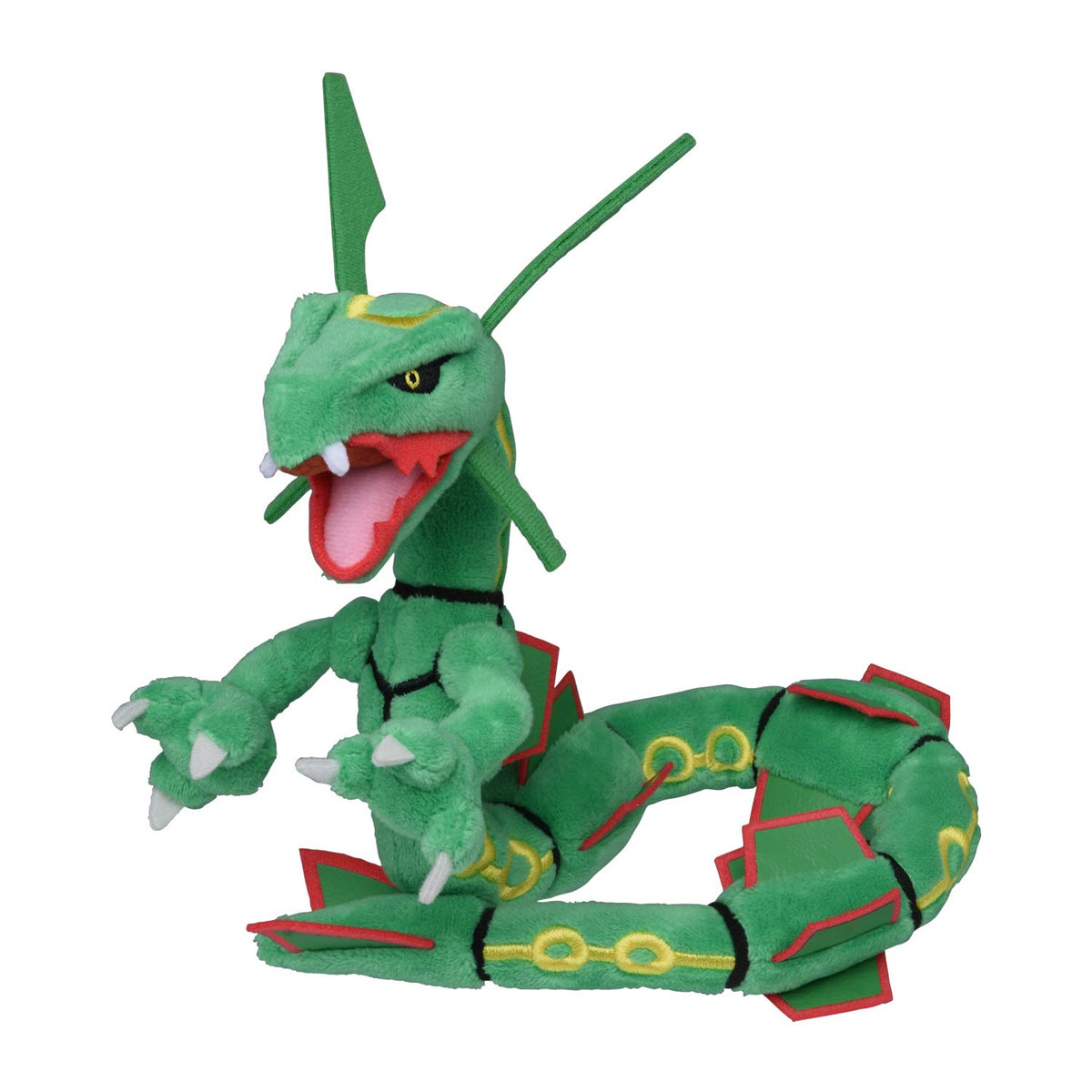 Pokémon Center Rayquaza plush in Sitting Cuties pose for display and cuddling.