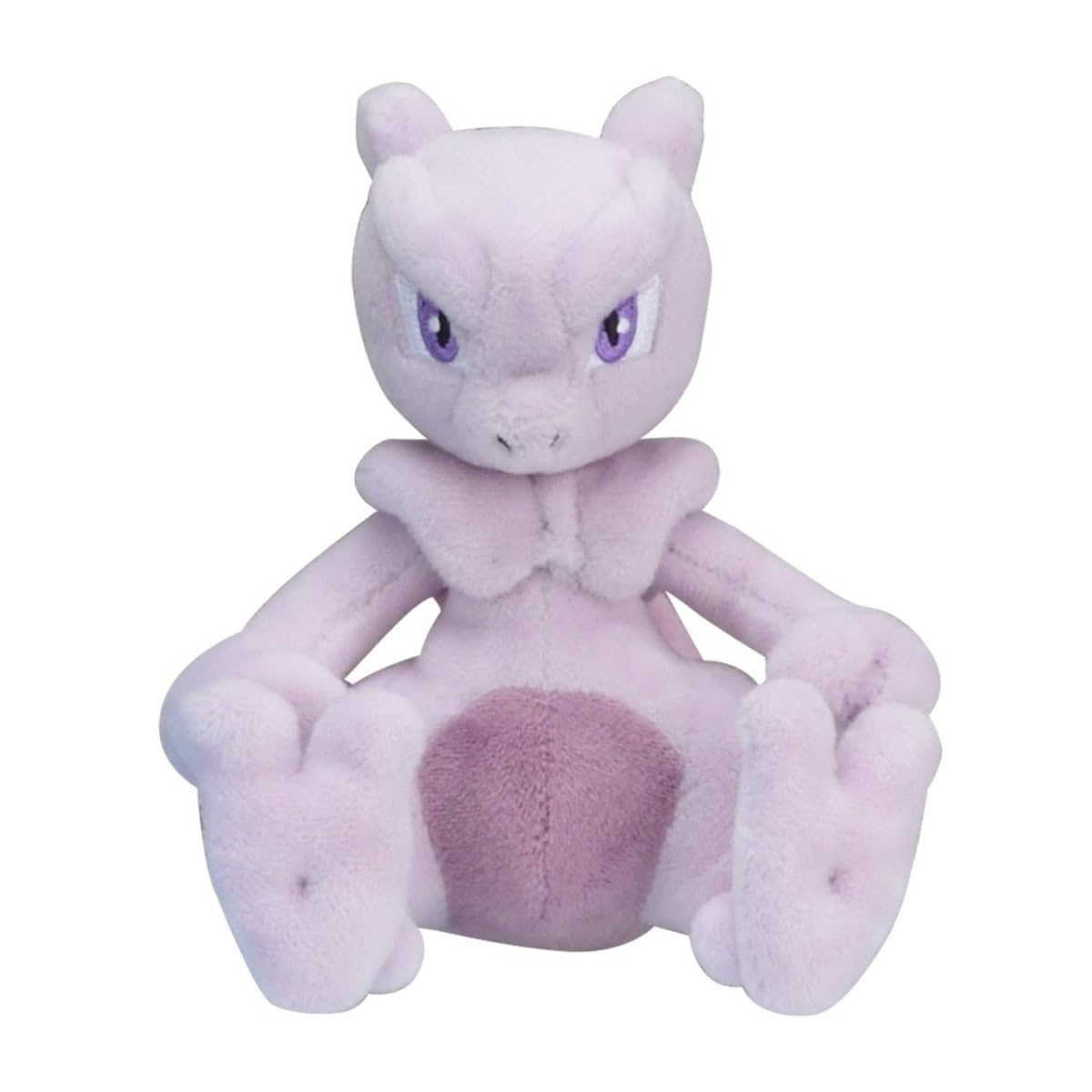 Pokemon Center Mewtwo plush in sitting pose, soft and collectible for display.