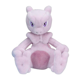 Pokemon Center Mewtwo plush in sitting pose, soft and collectible for display.