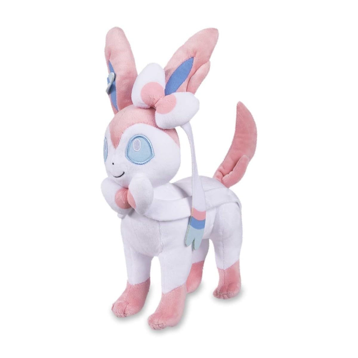 Pokemon Center Sylveon plush front view showing soft fabric and embroidered details.