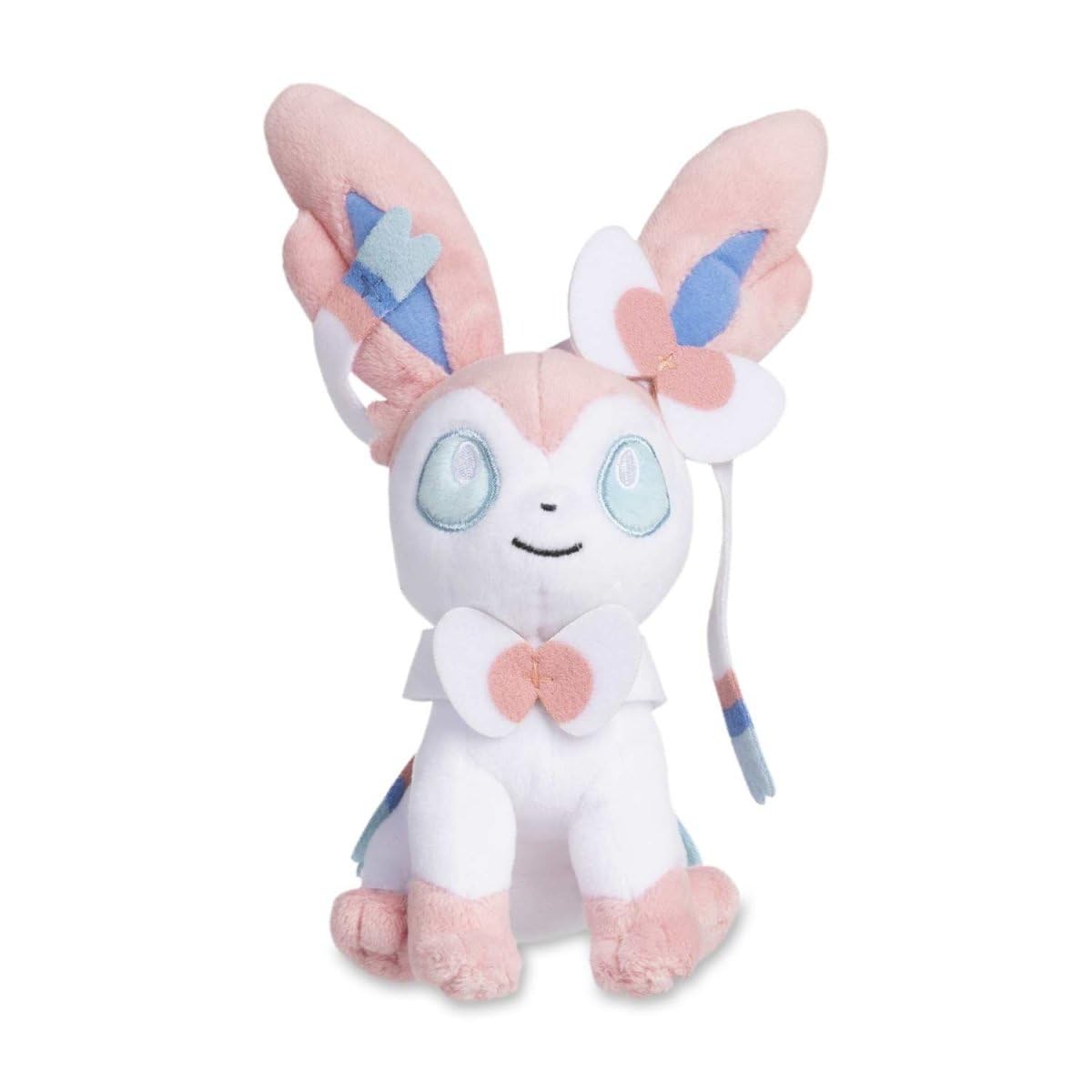 Pokémon Center Sylveon Sitting Cuties Plush close-up highlights soft fabric.
