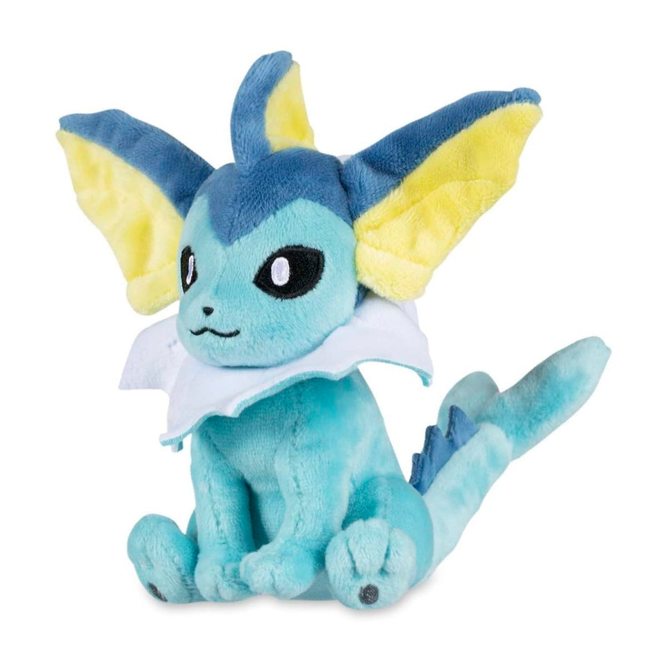 Pokémon Center Vaporeon Sitting Cuties Plush, front view, weighted to sit upright on a desk.
