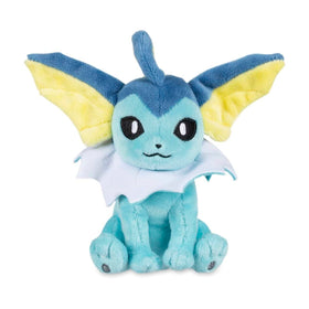 Vaporeon Sitting Cuties Plush from Pokémon Center, side view for shelf display and styling.
