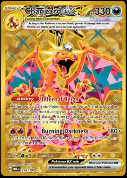 Pokemon Charizard ex Obsidian Flames gold holo card for collectors and display.