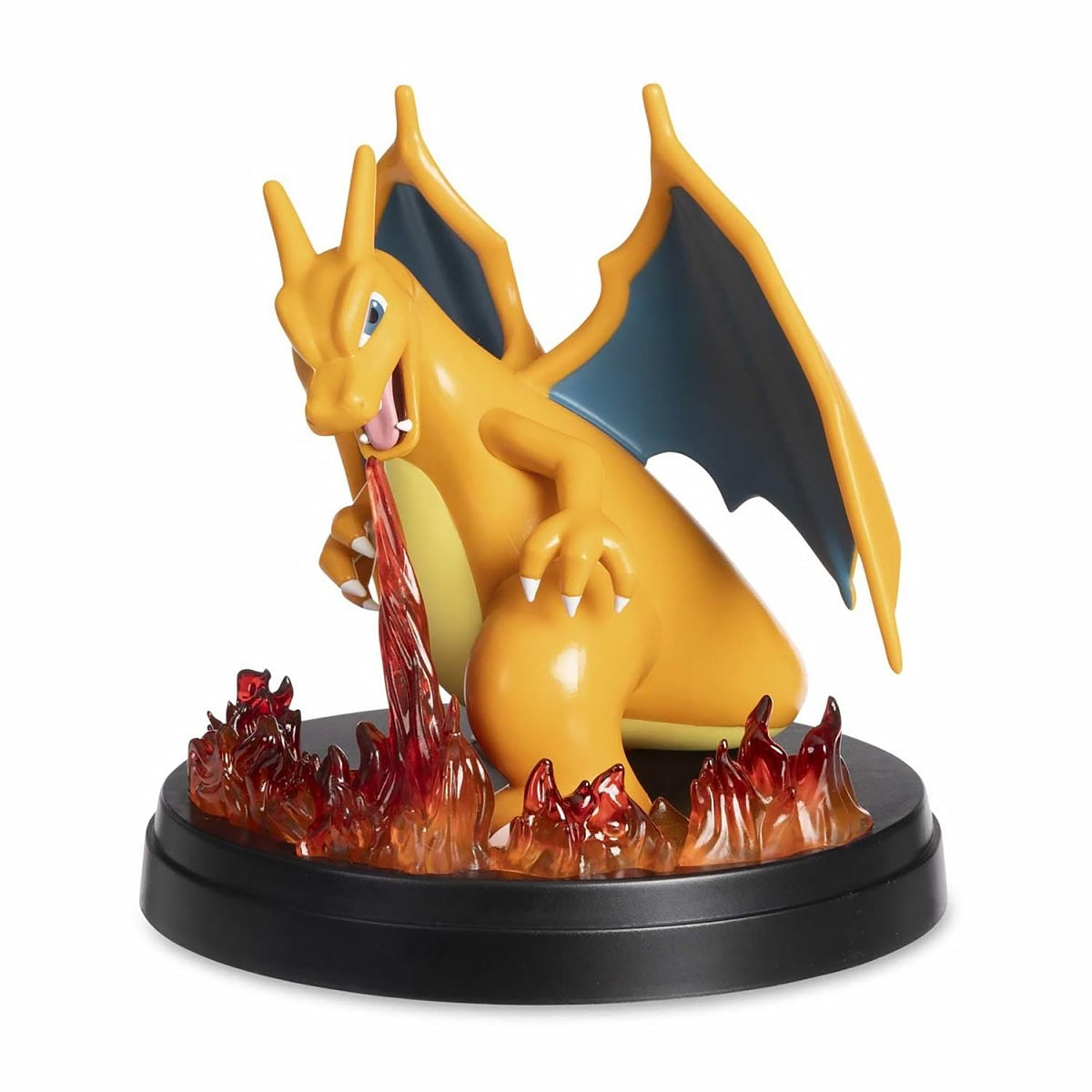 Charizard figure's translucent flames under lighting create a warm display glow