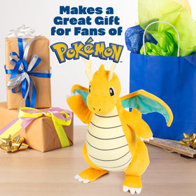 Pokémon Dragonite plush back view, detailed stitching and softness