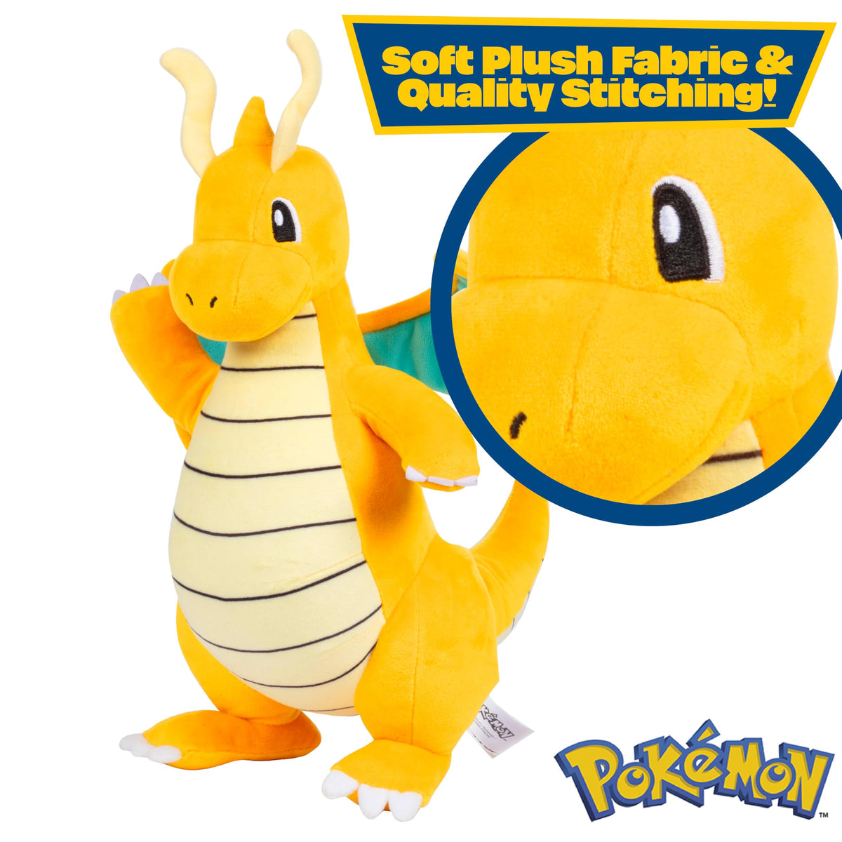 Pokémon Dragonite plush face close-up, soft fabric for hugs