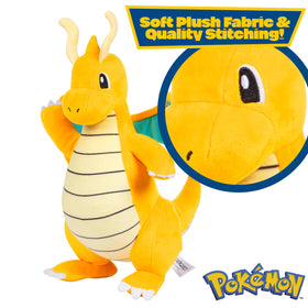Pokémon Dragonite plush face close-up, soft fabric for hugs