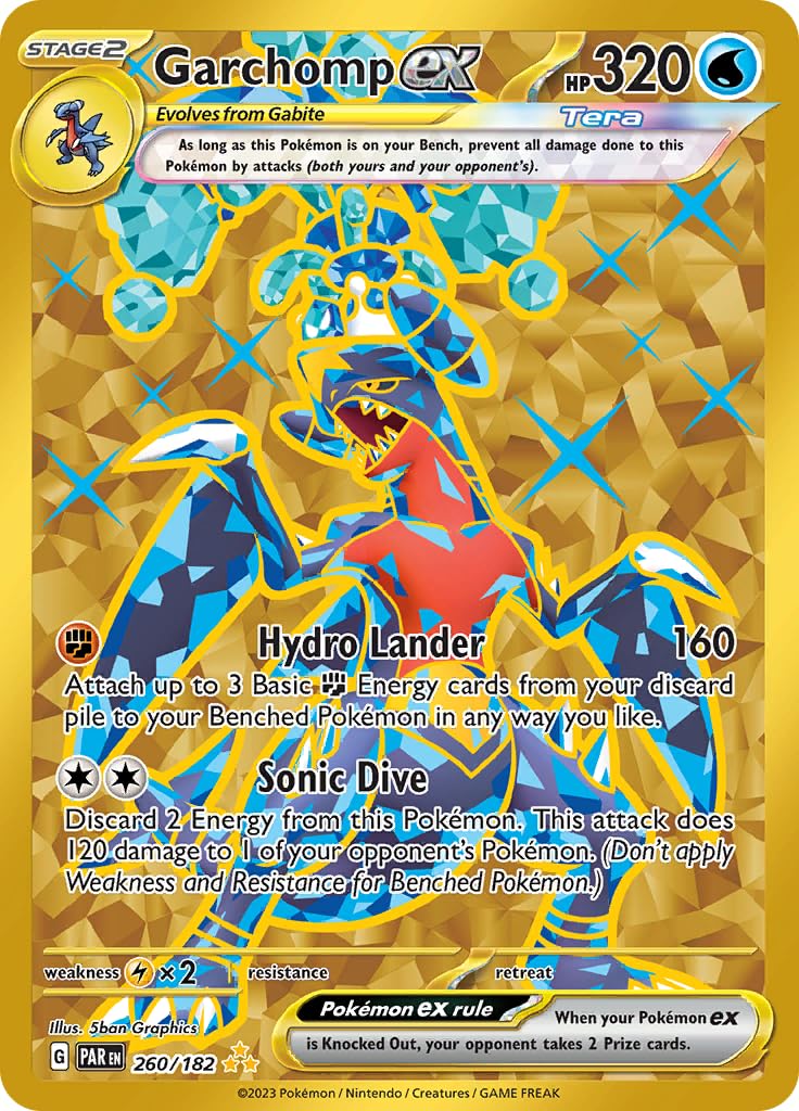 Pokemon Garchomp ex 260/182 Paradox Rift gold foil card for collection and display.