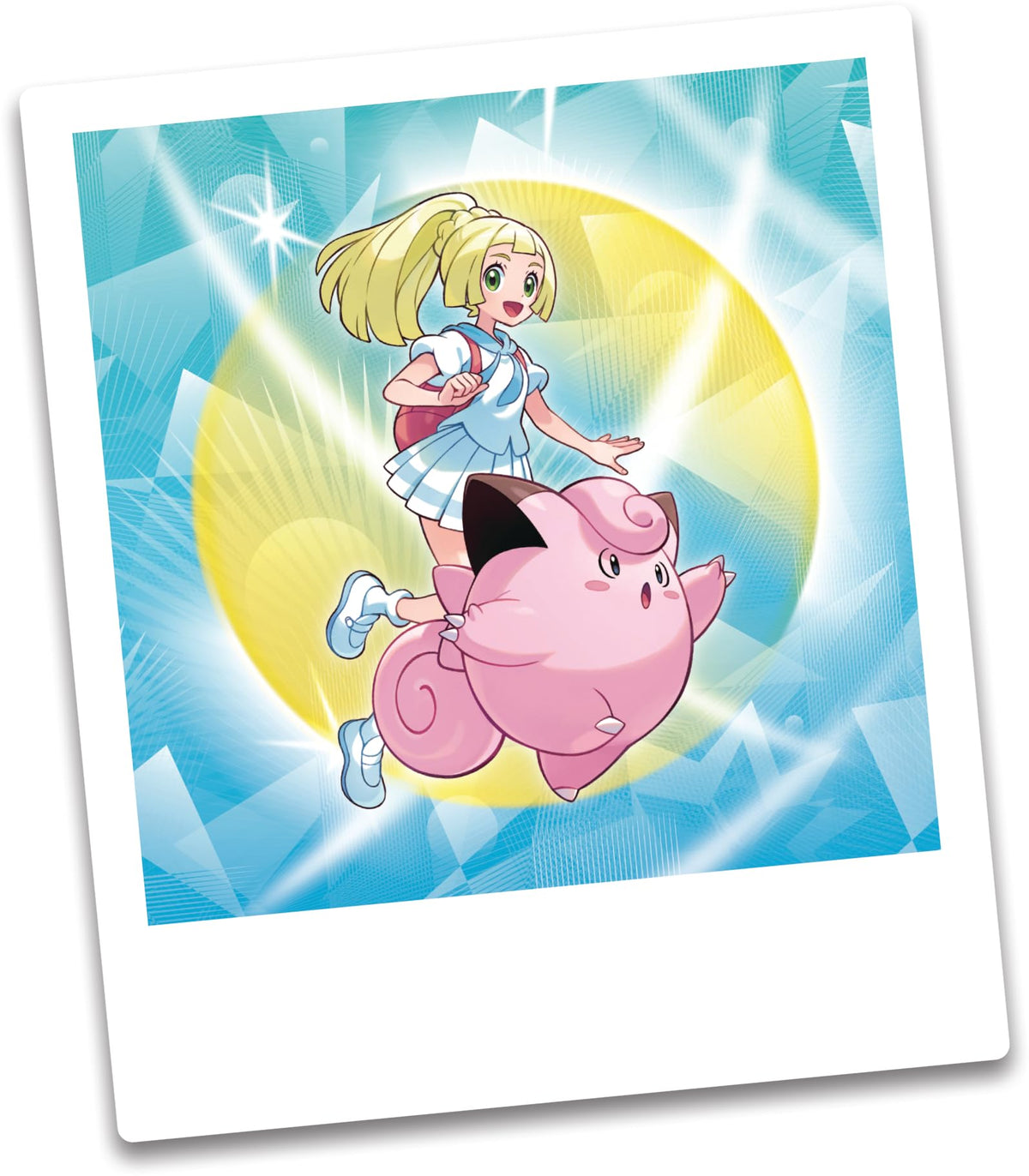 Gleaming metallic coin featuring Lillie adds collectible flair.