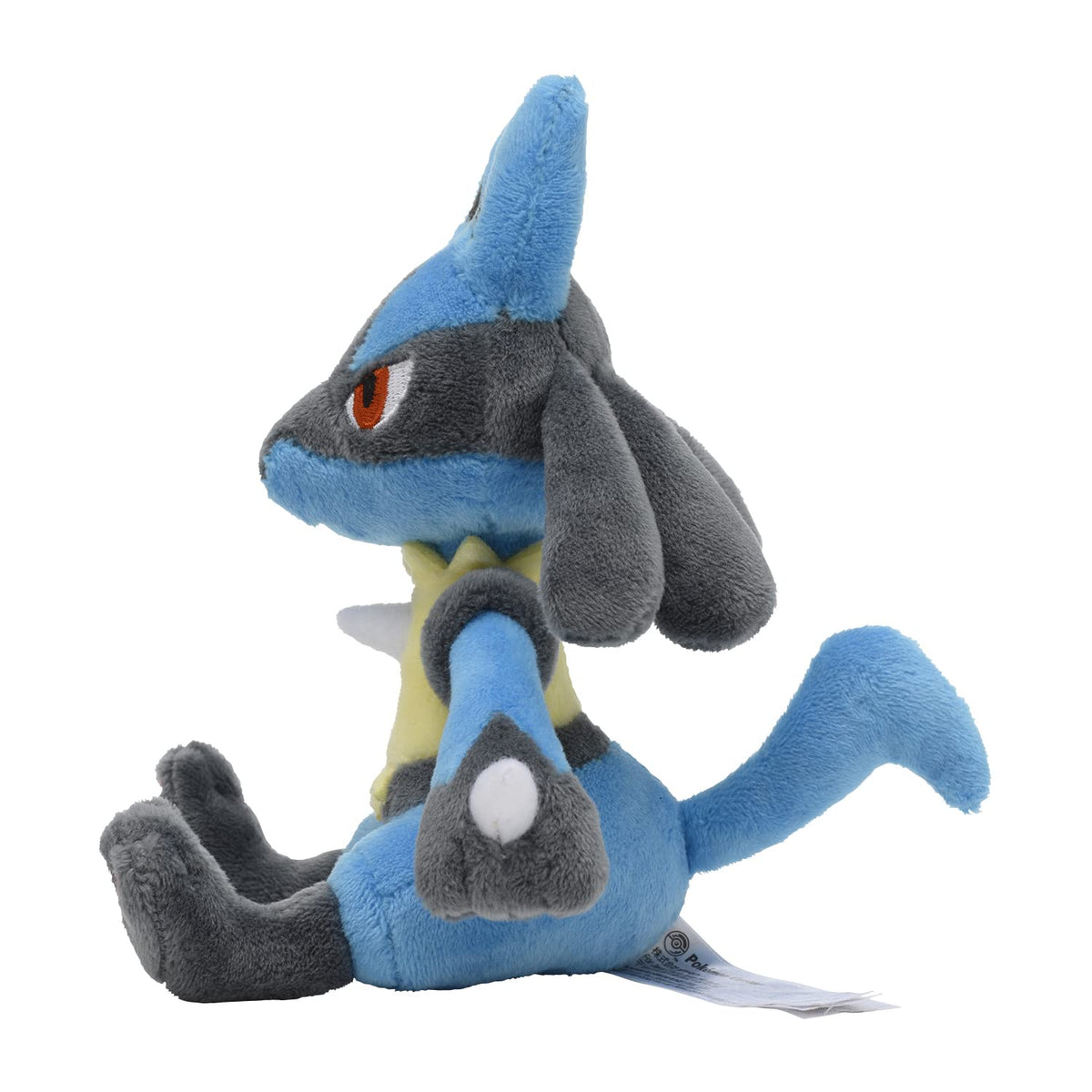 Pokémon Center Lucario plush, back view, ready for shelf or bed.
