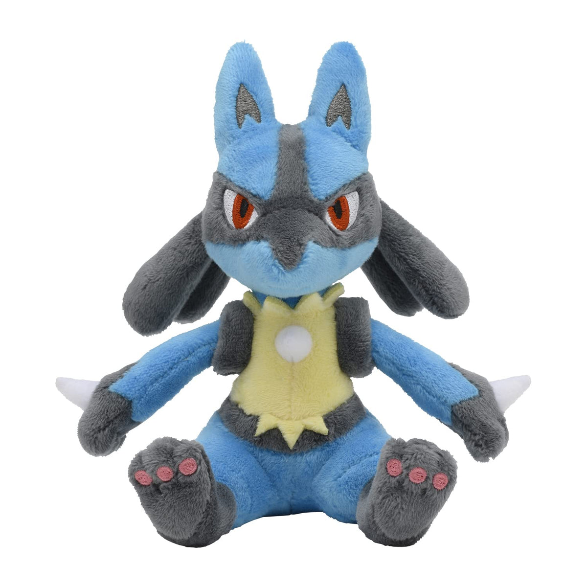 Pokémon Center Lucario plush, front view, soft cuddle buddy for fans.