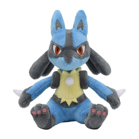 Pokémon Center Lucario plush, front view, soft cuddle buddy for fans.
