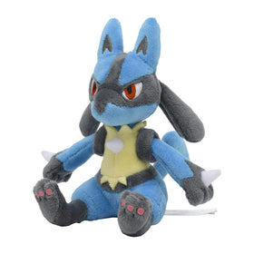 Pokémon Center Lucario plush, side angle, detailed embroidery for display.