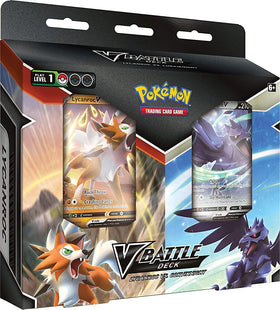 Pokemon Lycanroc V vs Corviknight V battle deck front display for quick setup.