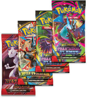 Pokemon Mega Charizard Tin showing booster packs and TCG Live code card.