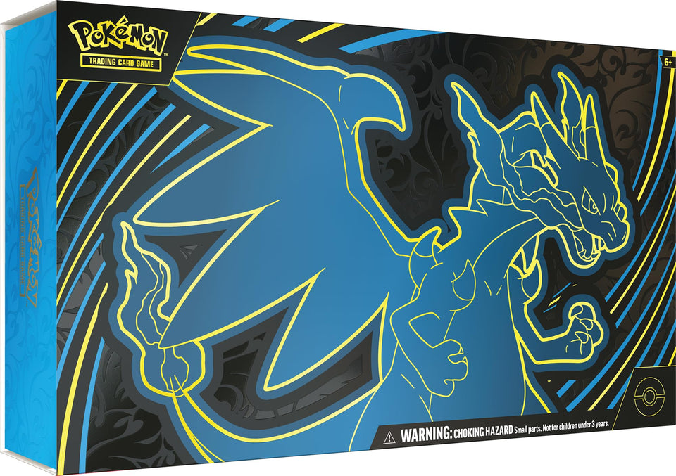 Pokémon Mega Charizard X ex foil promo card shines with blue flames, ideal for display.