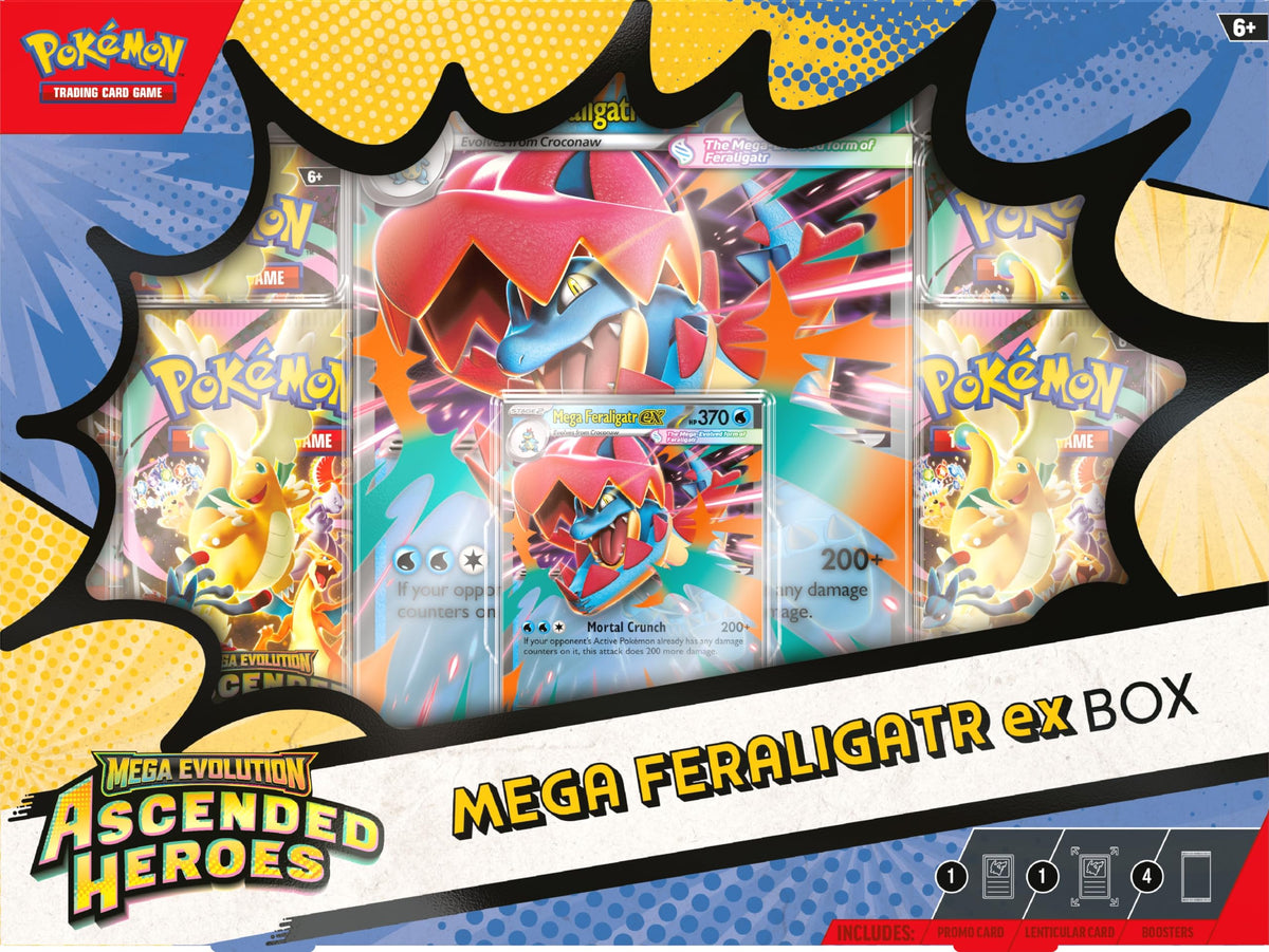 Pokémon Mega Feraligatr ex foil promo card showcases vivid action artwork