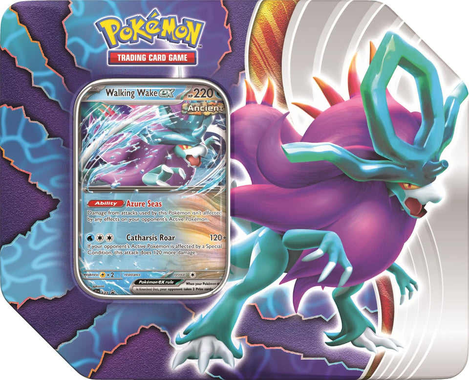 Pokemon Paradox Clash Tin with Walking Wake ex foil promo for exciting battles at home