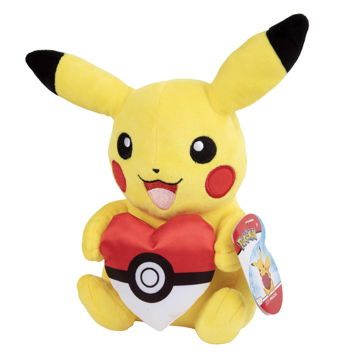 Pokemon Pikachu 8-inch plush with heart Poke Ball, perfect cuddle buddy.