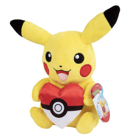 Pokemon Pikachu 8-inch plush with heart Poke Ball, perfect cuddle buddy.