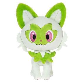 Pokémon Sprigatito 8-inch plush, front view, soft cuddle buddy.