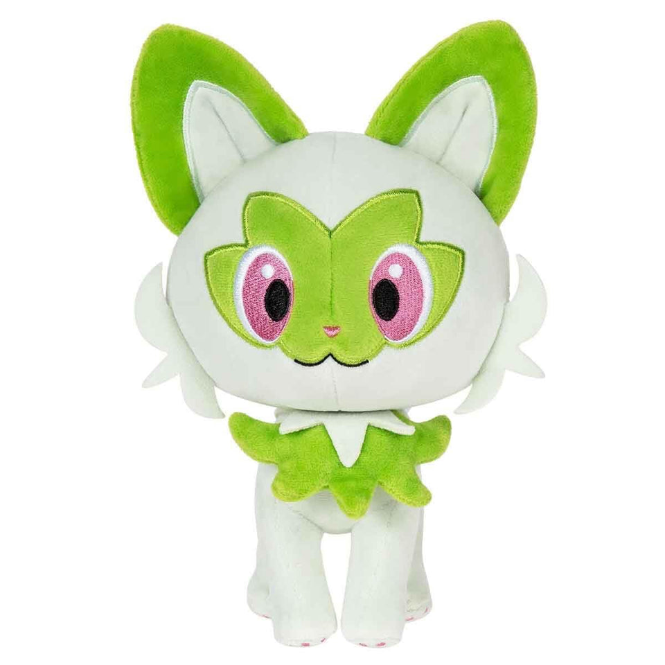 Pokémon Sprigatito 8-inch plush, front view, soft cuddle buddy.